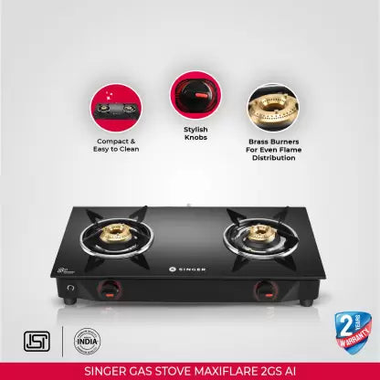 Singer SGS MF2GSAIBE Glass, Stainless Steel Automatic Gas Stove  (2 Burners) Singer SGS MF2GSAIBE Glass, Stainless Steel Automatic Gas Stove  (2 Burners)